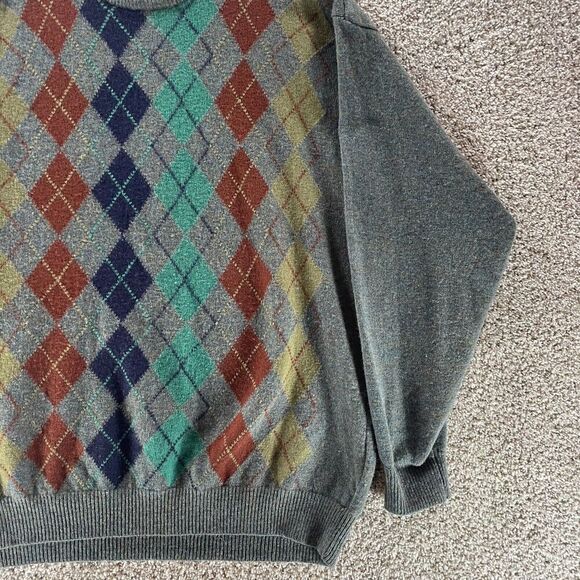 Pure New Wool Sweater Men Extra Large Gray Argyle Diamond Crew Neck Pullover VTG - Picture 4 of 10